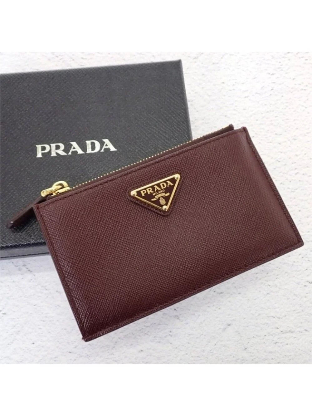 Prada Saffiano Triangle Card Case Bordeaux Burgundy Gold Genus